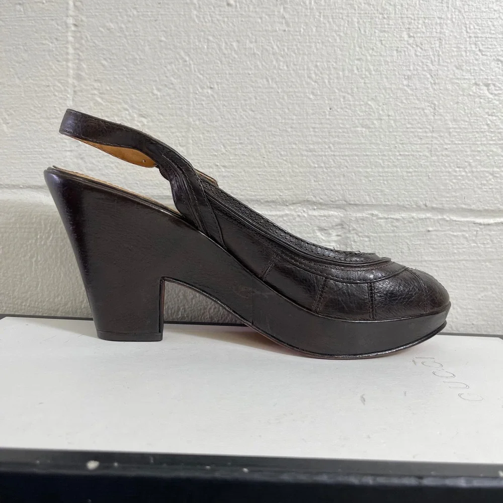 Frye Dark Brown Leather Platform Slingback Heels Sandals Women's Size 9.5B
